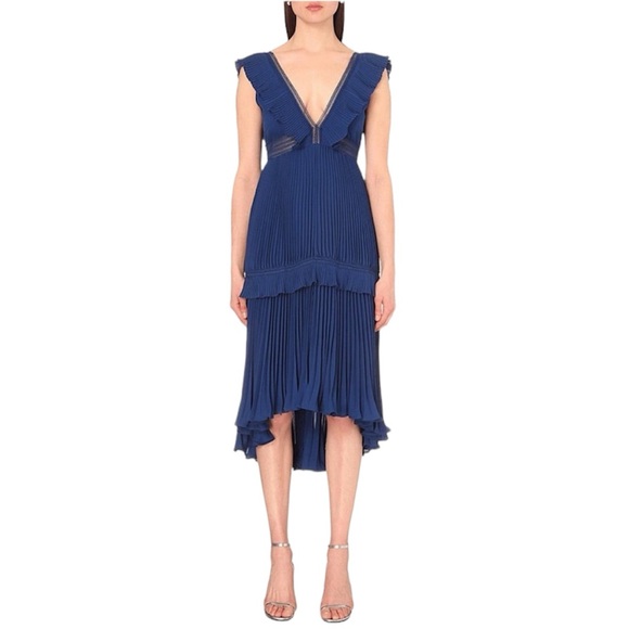 Self-Portrait Dresses & Skirts - Self-Portrait Navy Blue Calla Plissé Flounced Dress Tiered Pleated Size 6